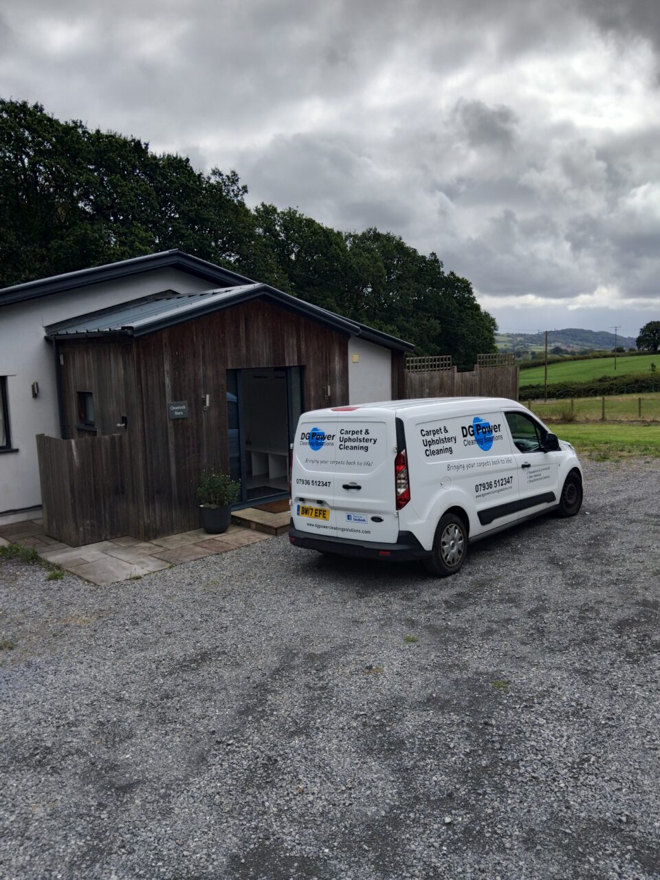 Carpet cleaners’ van parked outside Quantock Barn in Honiton