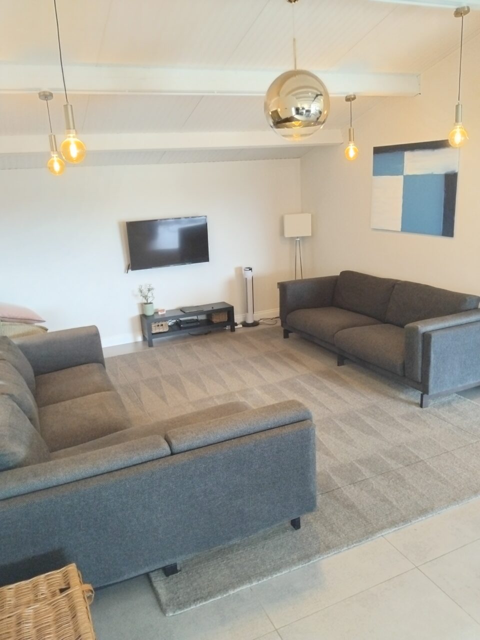 Carpet cleaners’ result on a rug and grey sofas at Quantock Barn, Honiton