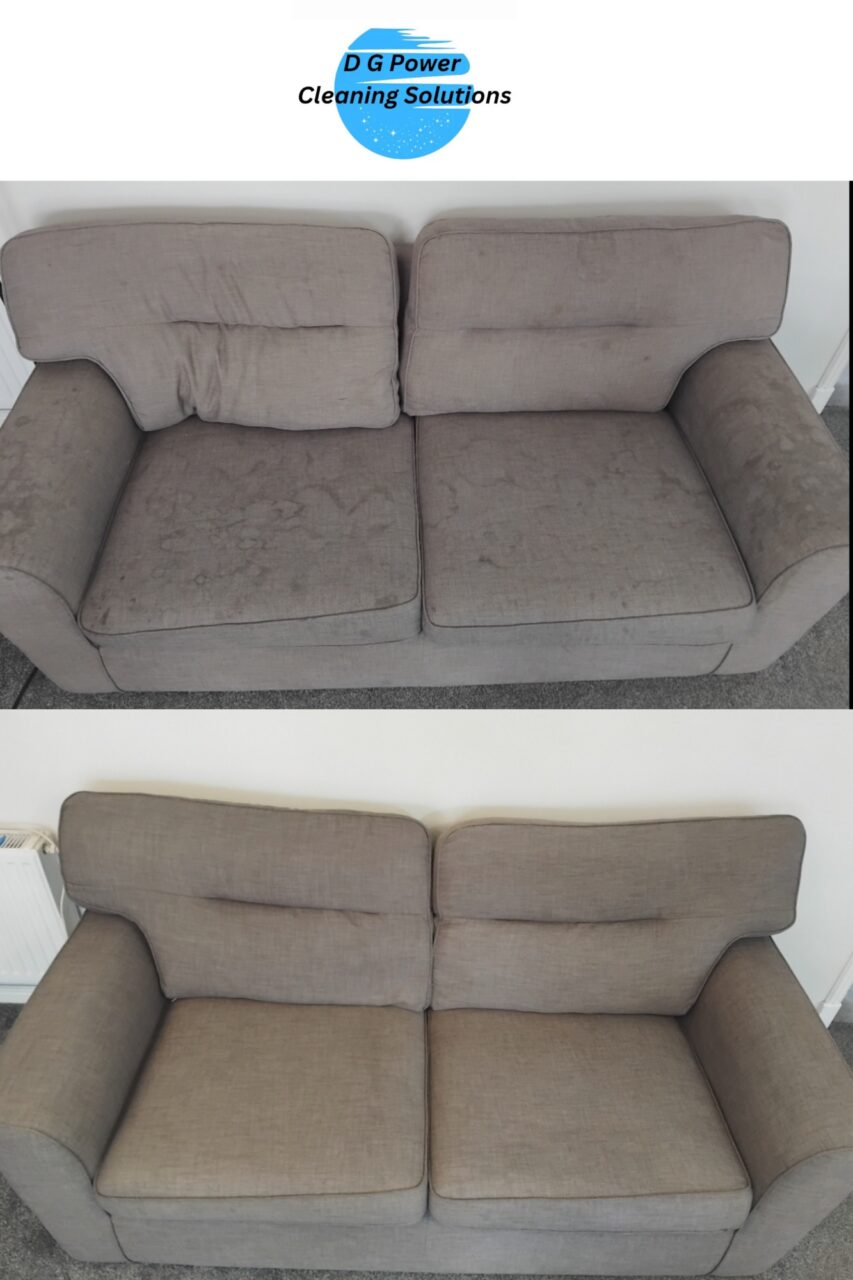 Sofa cleaning in Colyton – grey two-seater sofa before and after