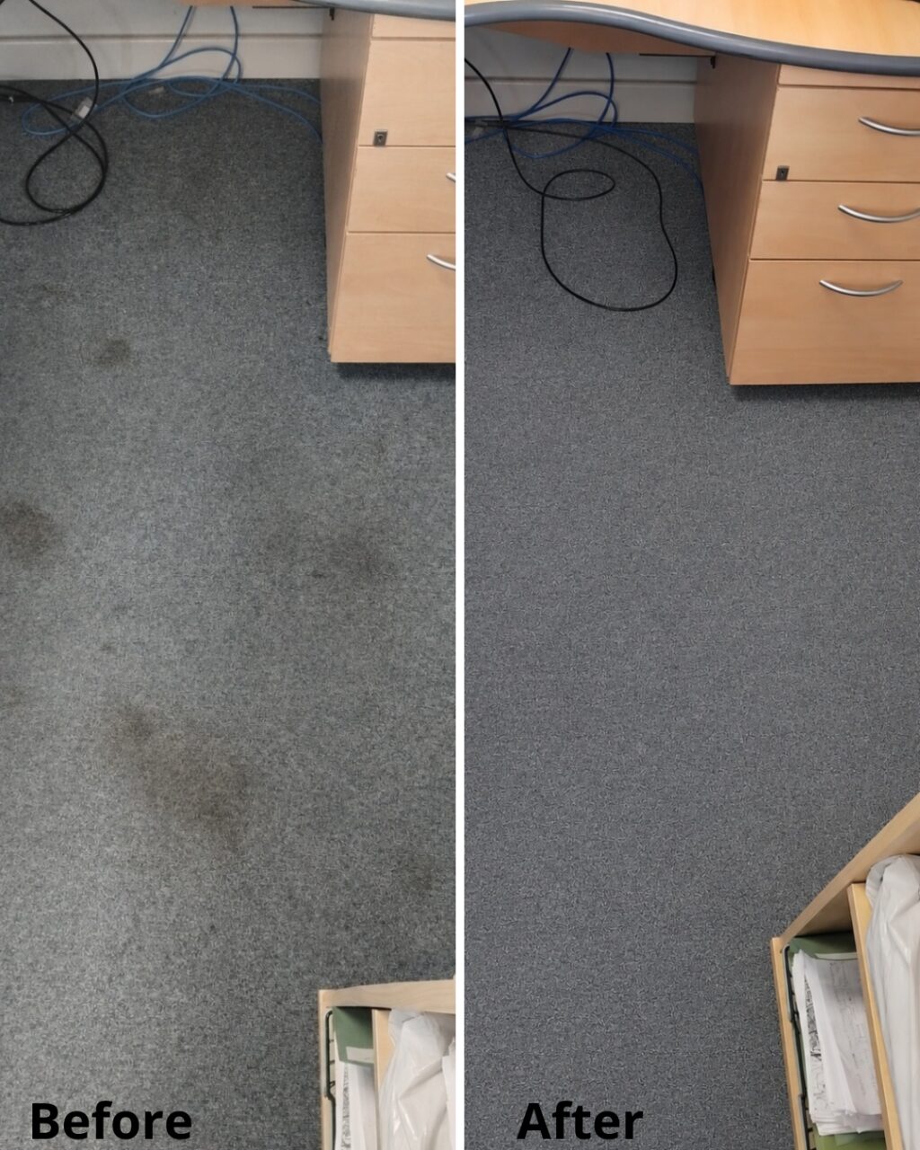 Carpet cleaners’ before and after result on an office carpet in Beaminster, dark stains removed beside a desk