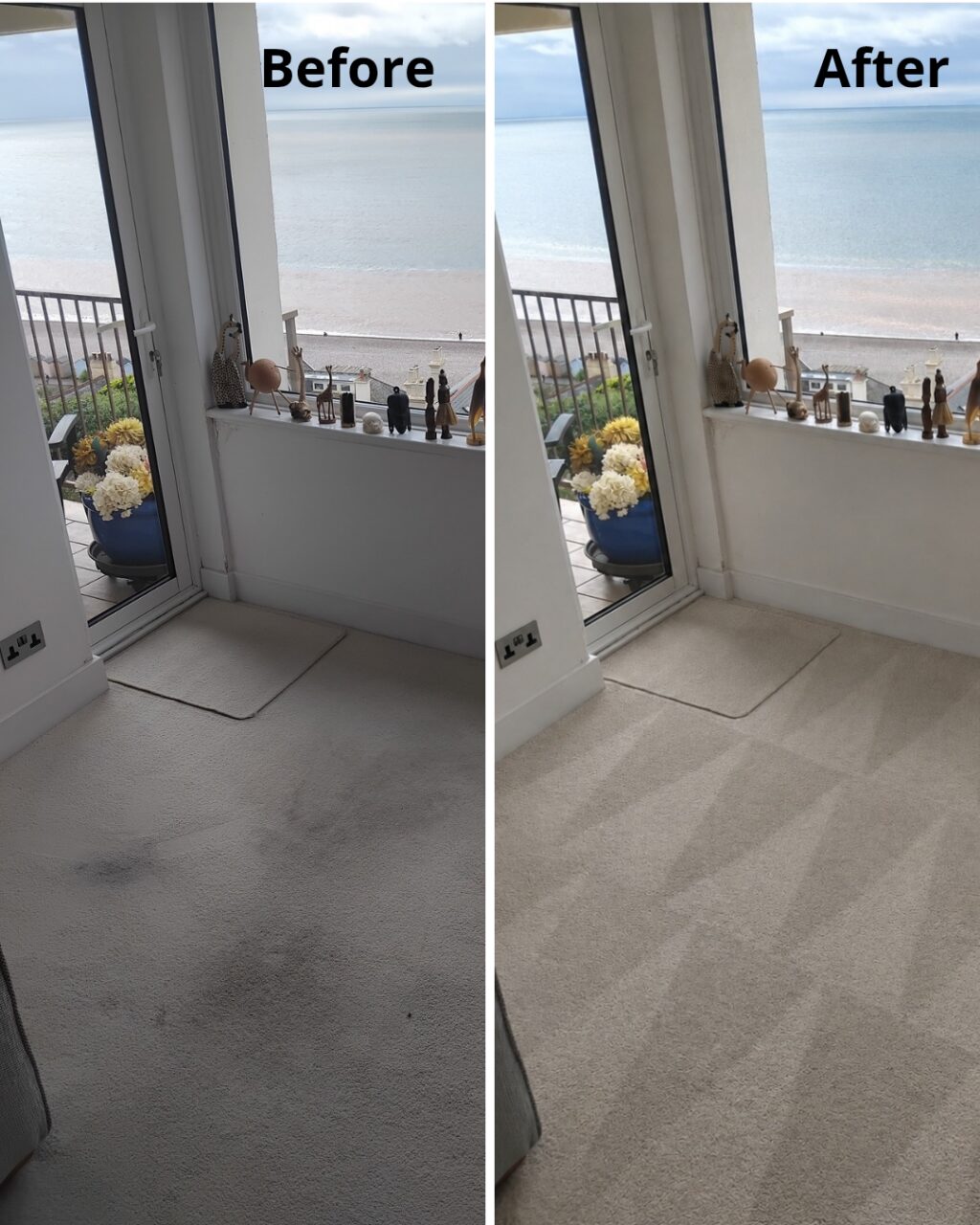 Carpet cleaners’ before and after result on a cream wool lounge carpet by a balcony door in Budleigh Salterton