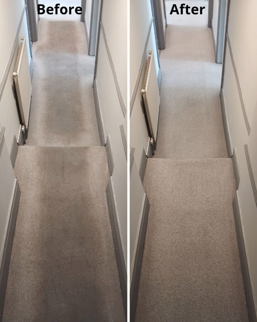 Carpet cleaners’ before and after result on a long, narrow corridor carpet in Chard