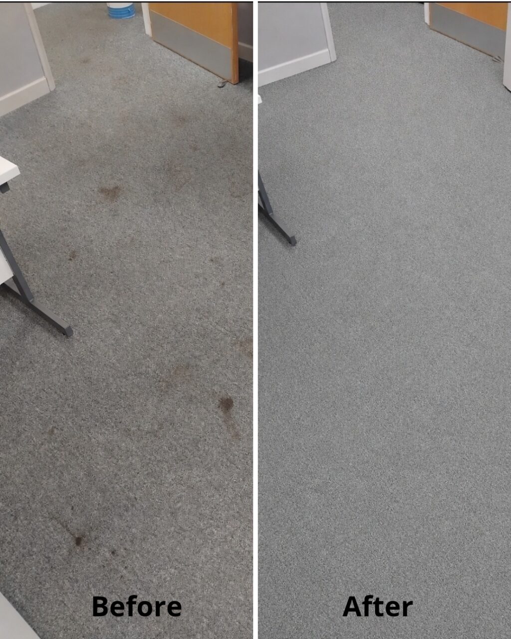 Carpet cleaners’ before and after result on an office carpet with drink stains in Crewkerne
