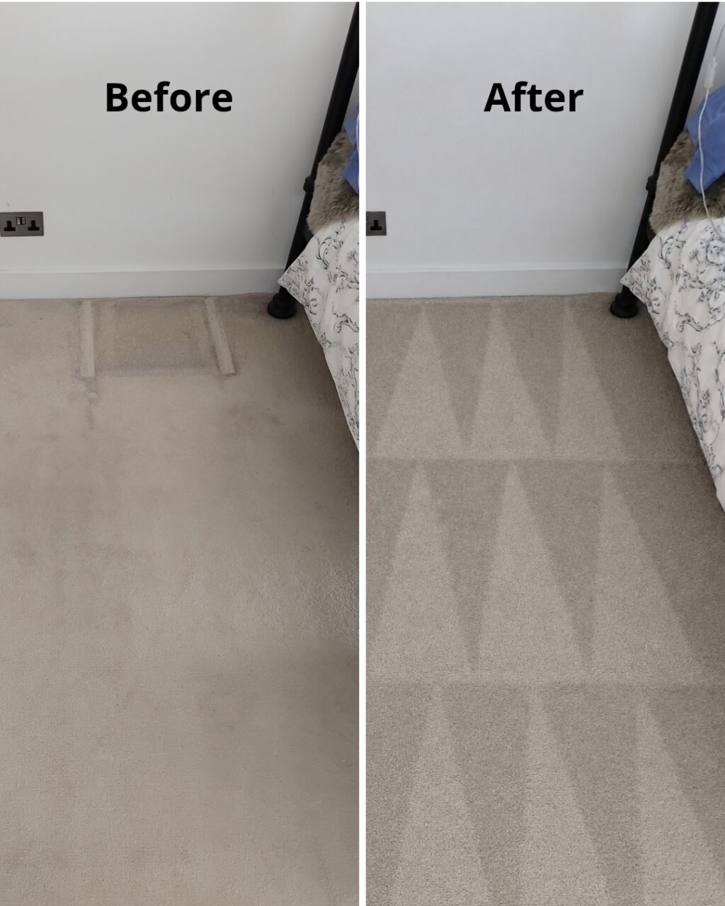 Carpet cleaners’ before and after result on a beige bedroom carpet in Cullompton