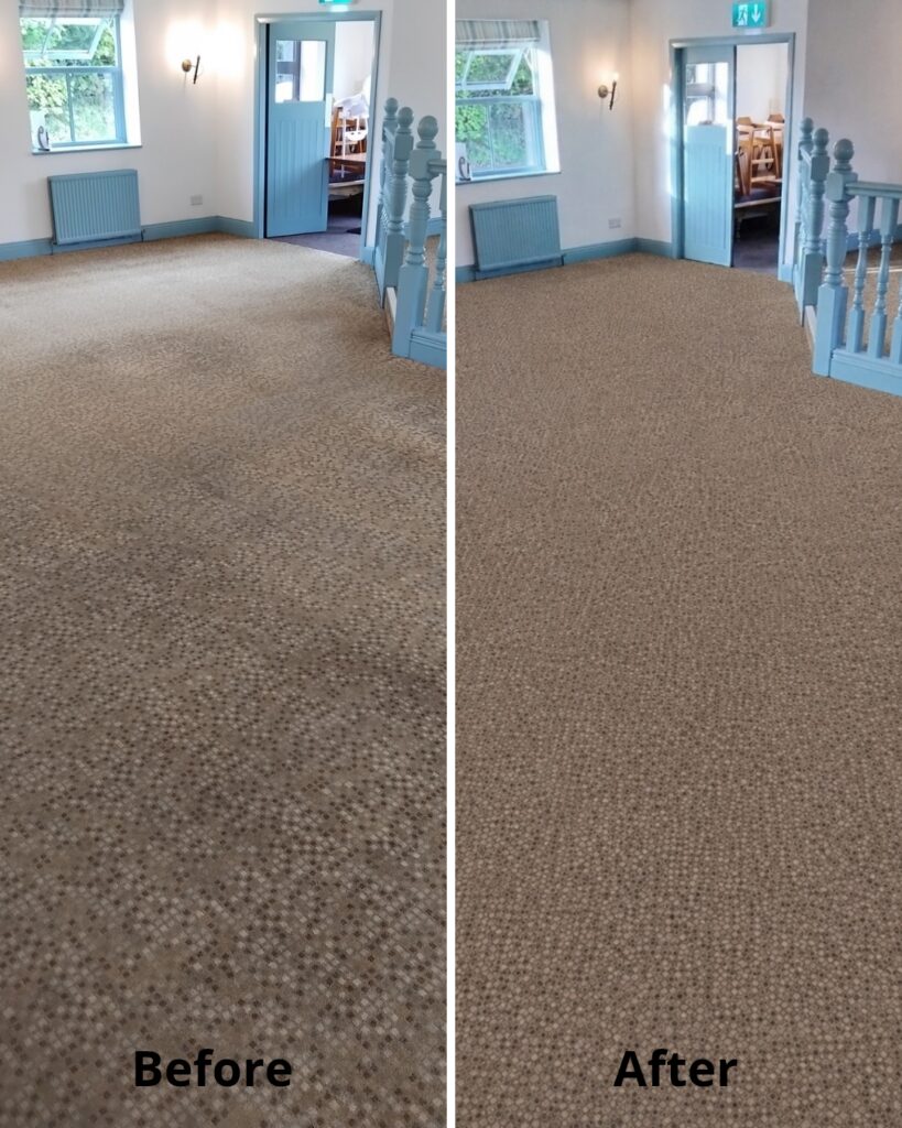 Carpet cleaners’ before and after result on a restaurant carpet in Exeter
