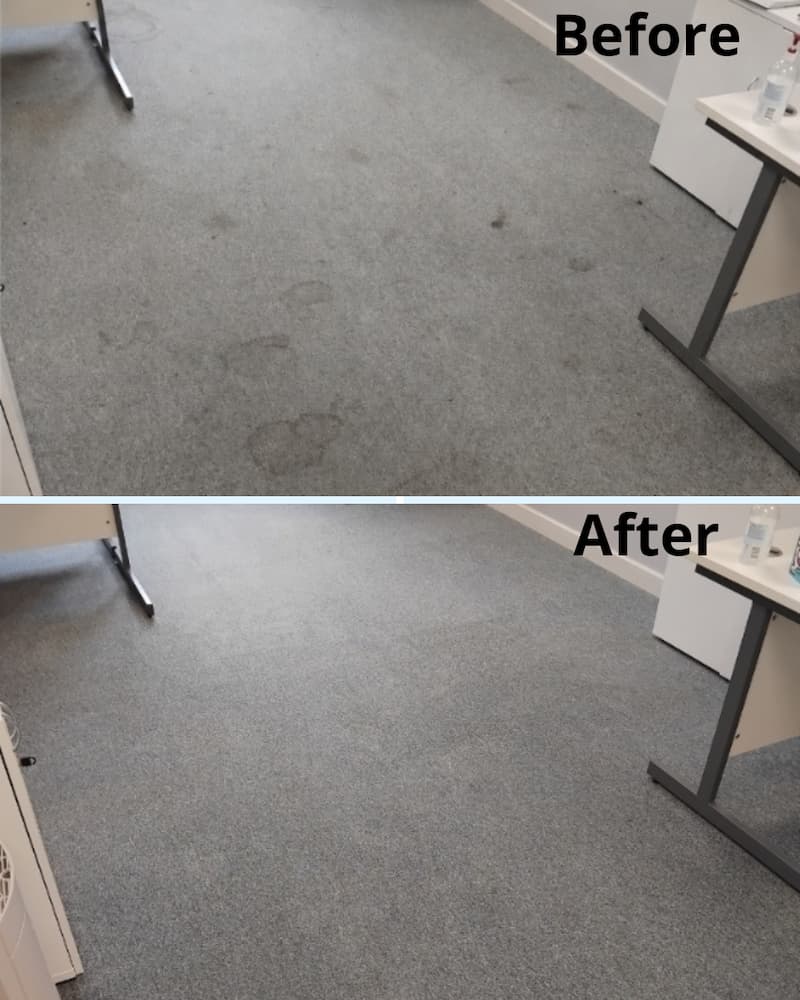 Carpet cleaners’ before and after result on a grey office carpet in Exmouth