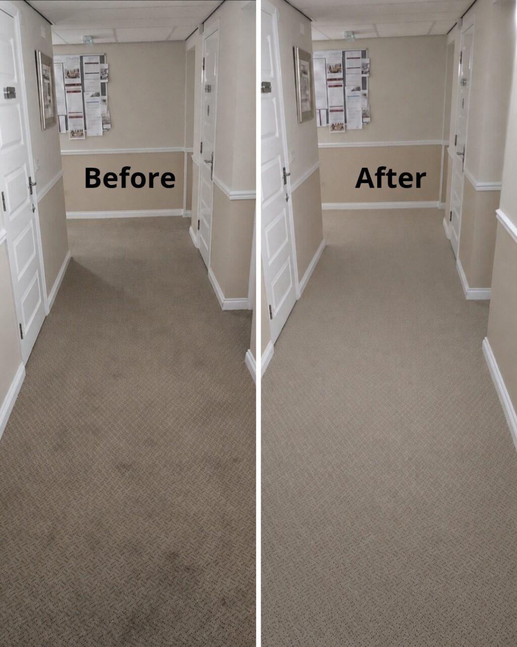Carpet cleaners’ before and after result on a corridor carpet at Holyshute Lodge, Honiton