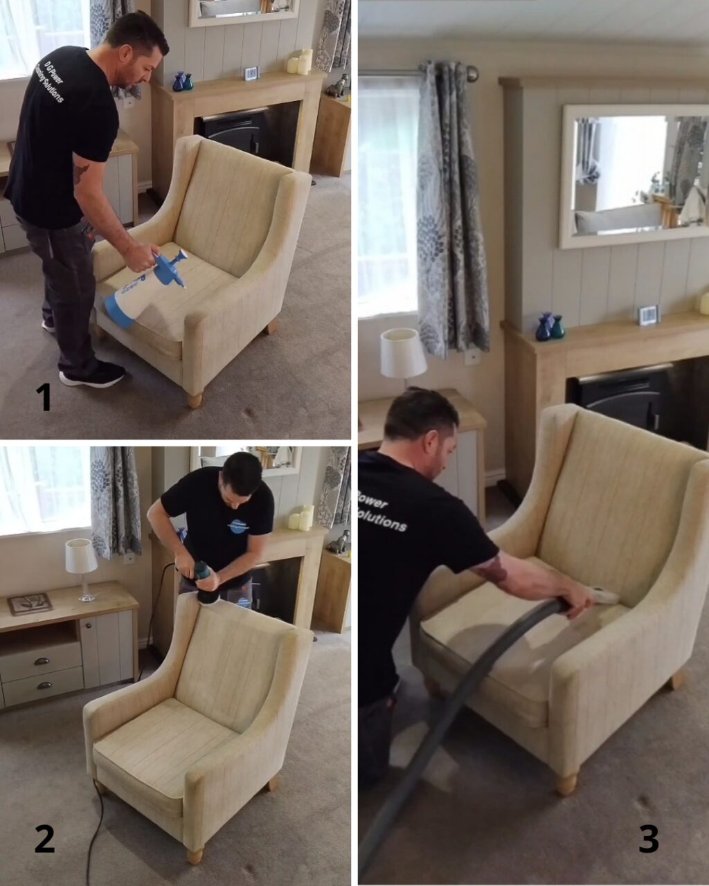 Carpet cleaners’ upholstery cleaning on a cream armchair in Honiton