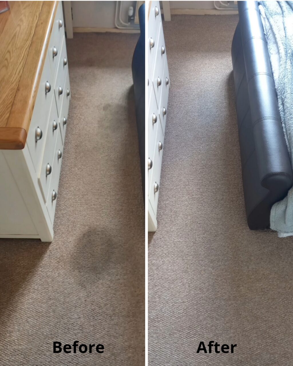 Carpet cleaners’ before and after result on a bedroom carpet beside the bed in Ilminster