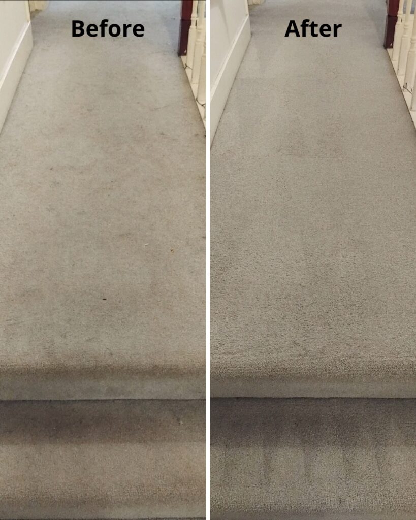 Carpet cleaners’ before and after result on a landing carpet in Lyme Regis