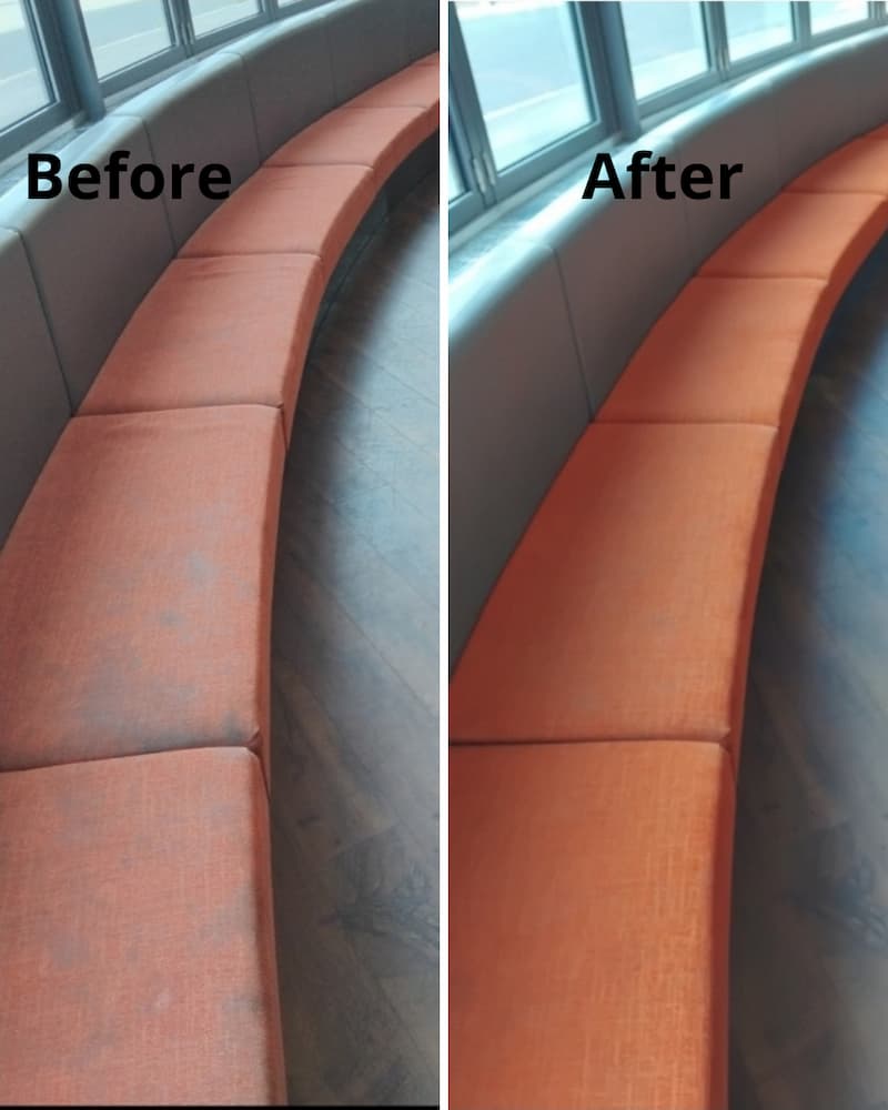 Upholstery cleaning before and after on curved booth seating at Ocean, Exmouth