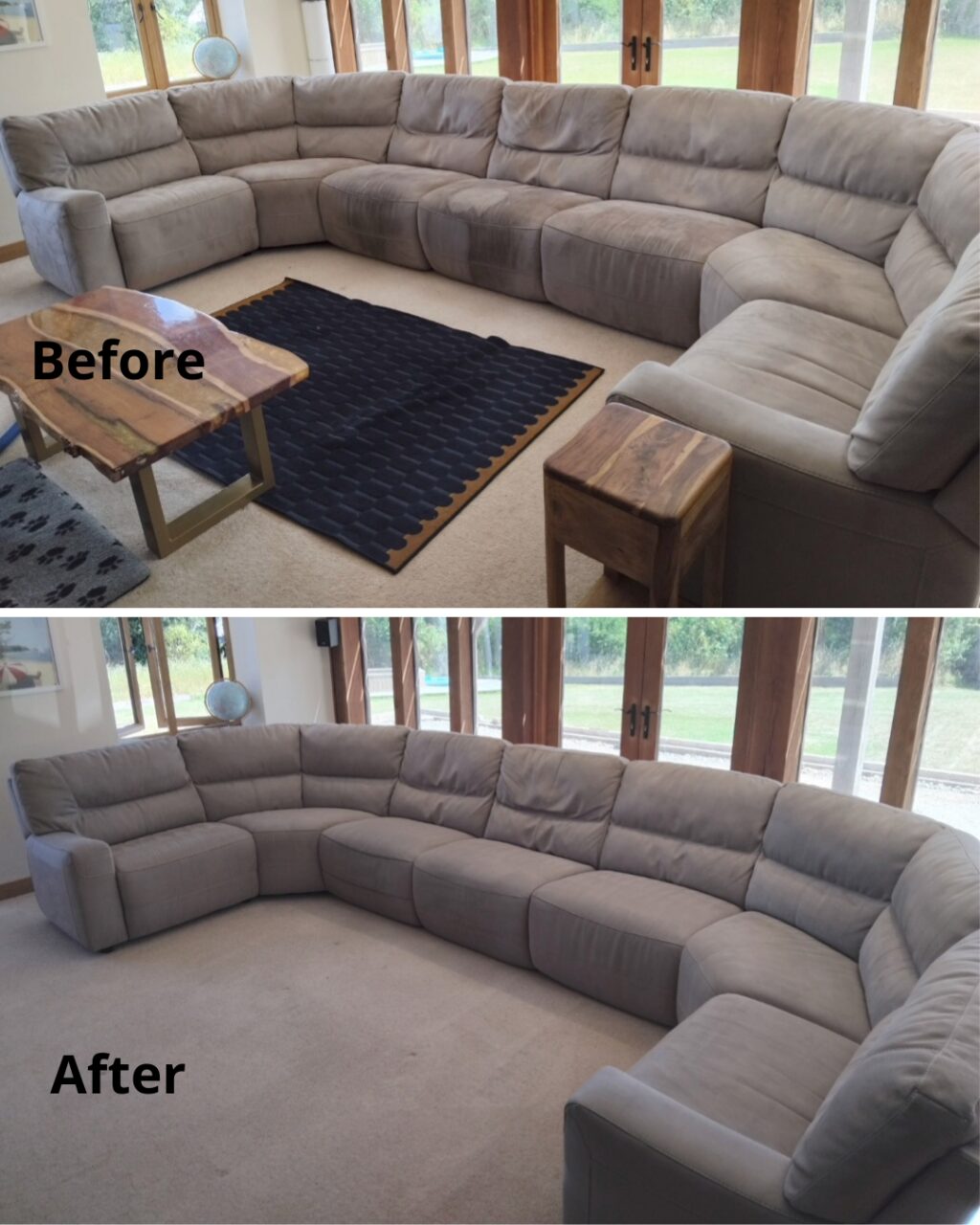Carpet cleaners’ upholstery cleaning on a large corner sofa in Ottery St Mary