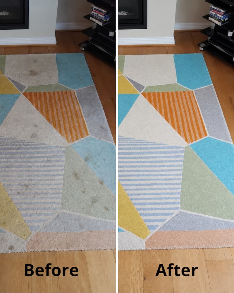 Rug cleaning before and after, removing stains from a colourful geometric rug