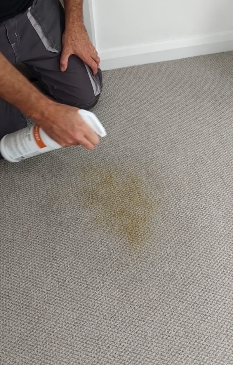 Carpet cleaners treating a pet stain on a grey carpet in Seaton