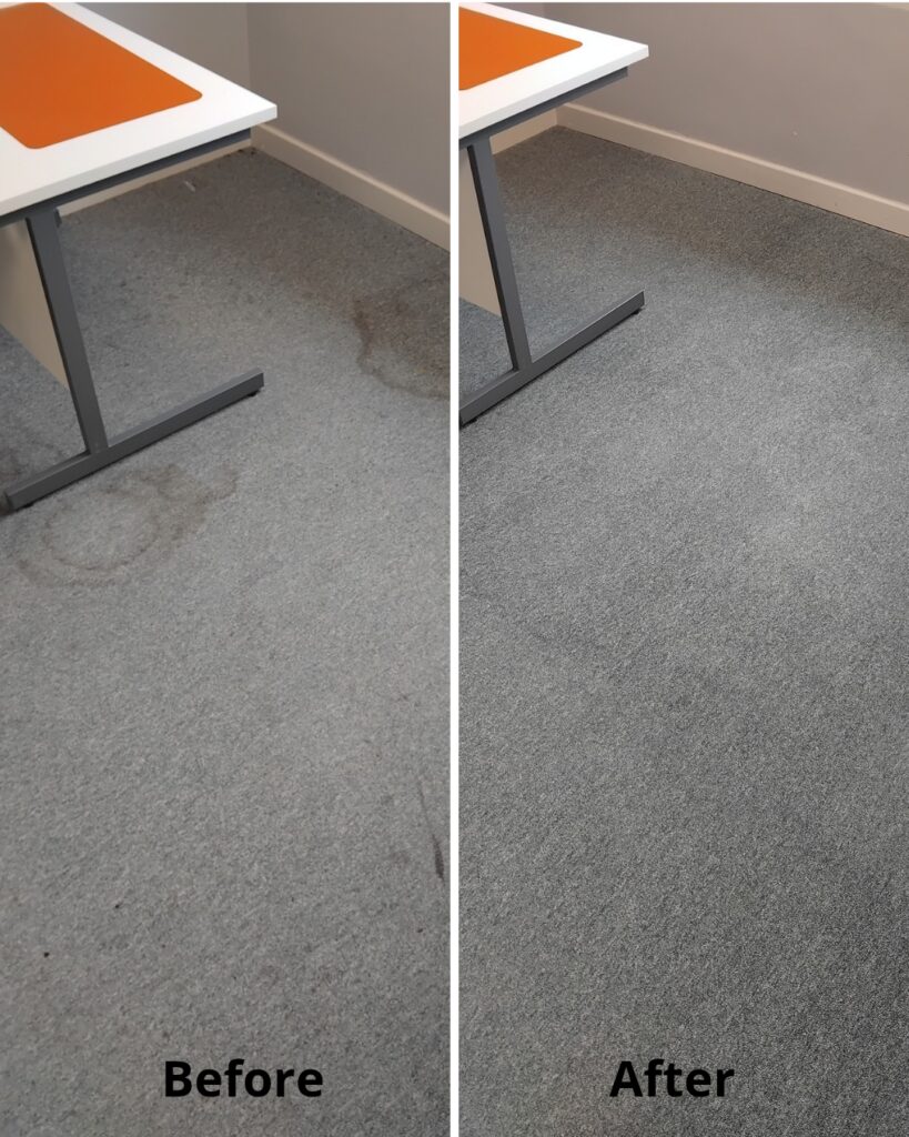 Carpet cleaners’ before and after result on an office carpet in Taunton