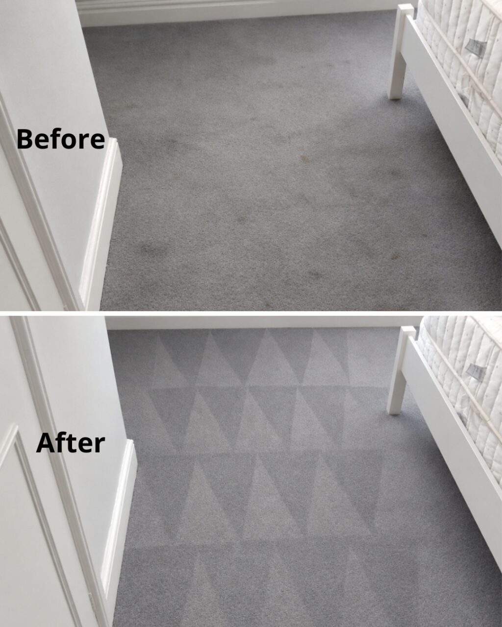 Carpet cleaners’ before and after result on a grey wool bedroom carpet at Willow Bridge B&B, Sidmouth